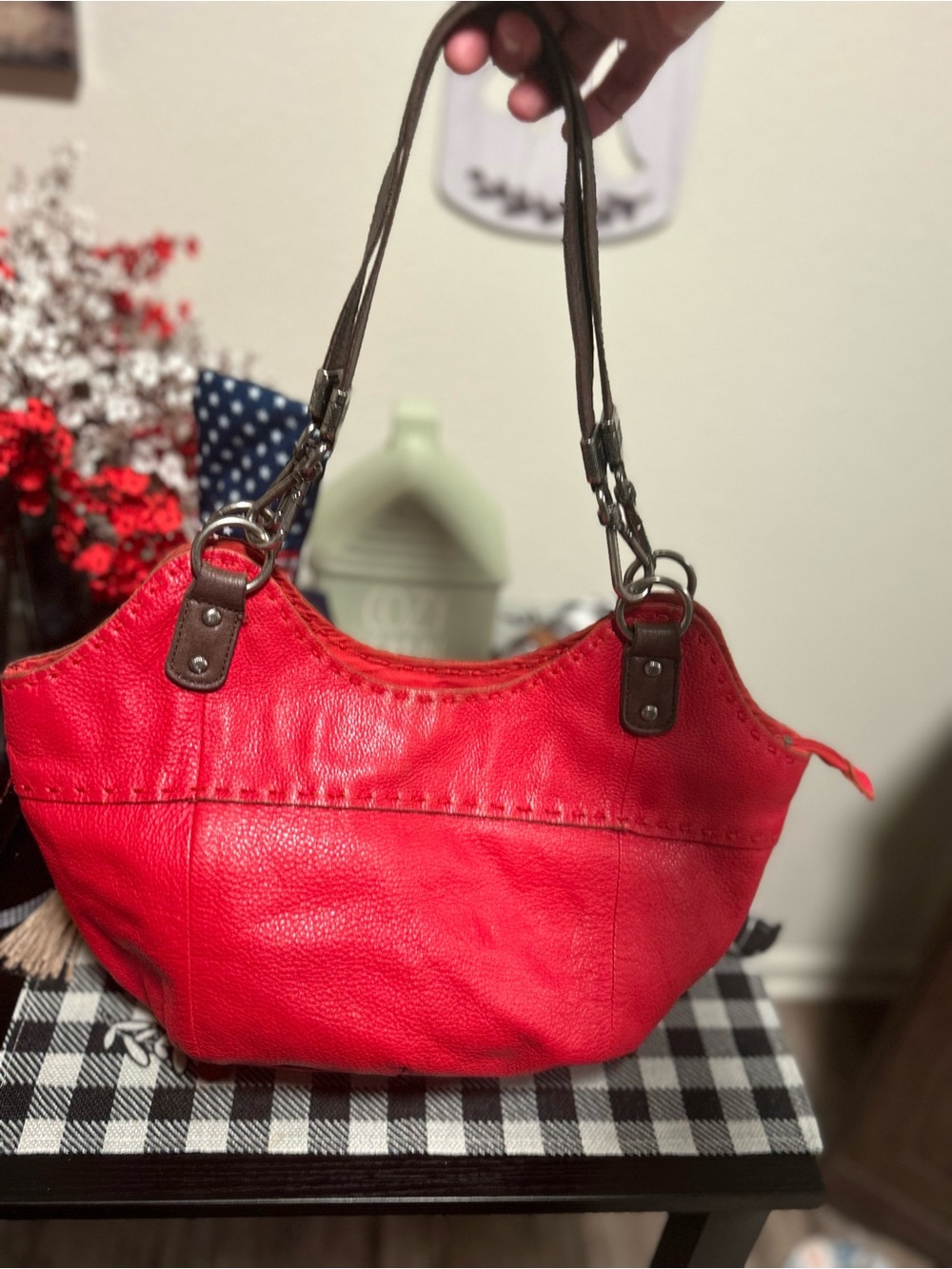 The Sak Red Leather Shoulder Bag with Brown Handles